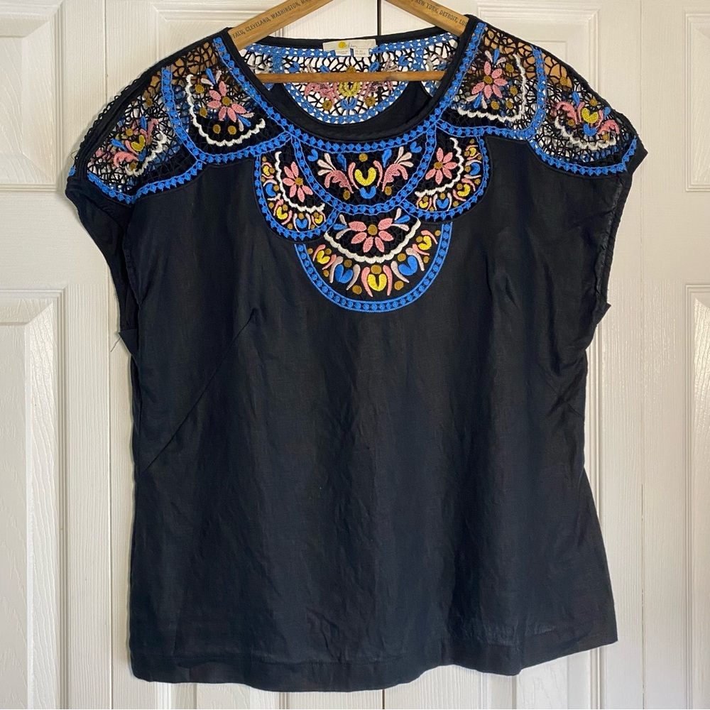 Boden Black Top with Blue, Pink & Yellow Embroidered Yoke